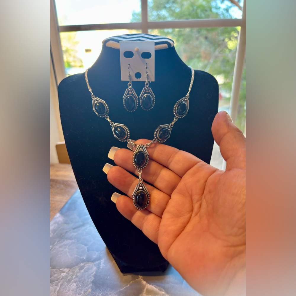 Handmade Onyx Jewelry Set On 925 Sterling Silver. Sz 20”